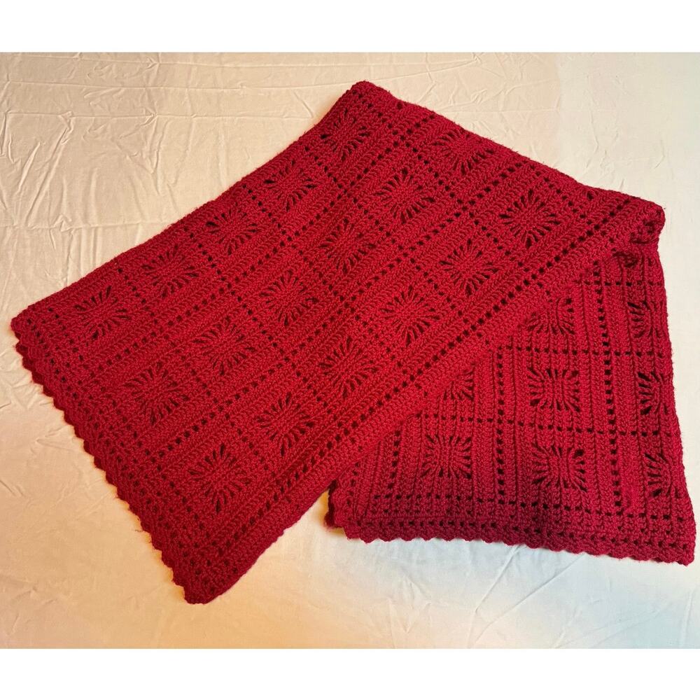 Handmade Red Lacy Block Crochet Knitted Decorative Afghan Blanket Sofa Throw VTG